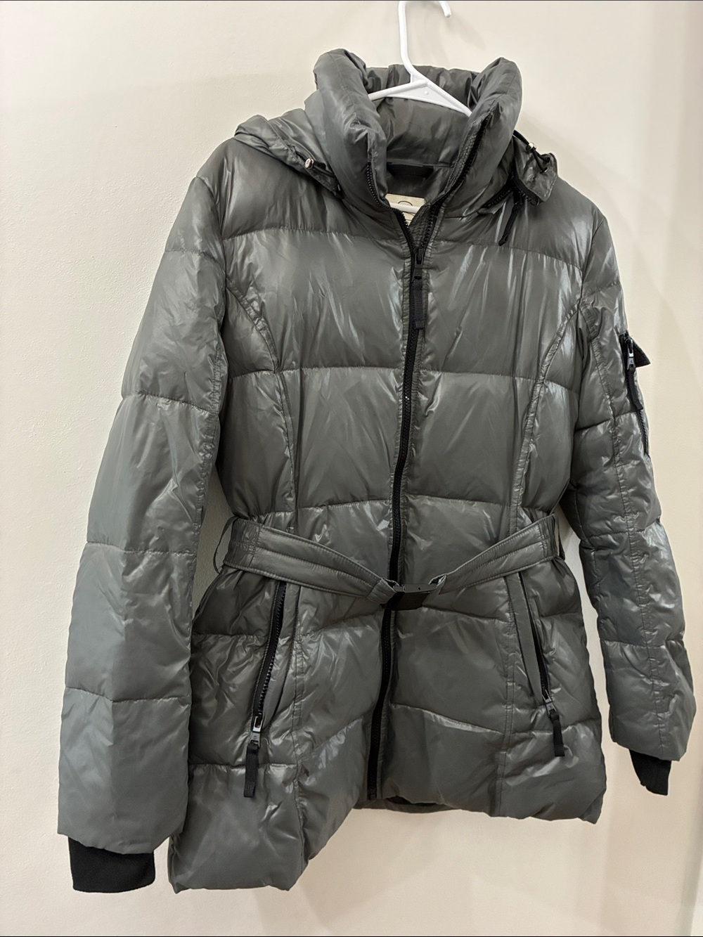 S13 Womens Quilted Belted Puffer Jacket - Gray - duck down feathers - medium